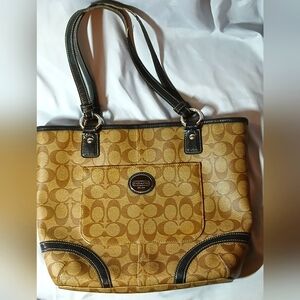 COACH HANDBAG MONOGRAM BROWN EUC WITH EXCEPTION OF WEAR ON BOTH HANDLES